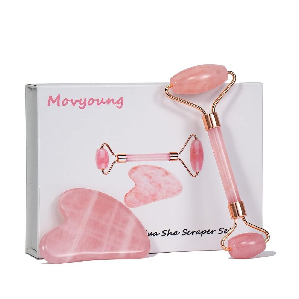 Jade Roller and Gua Sha Set, Natural rose quartz Massage for face, neck, eyes Fo